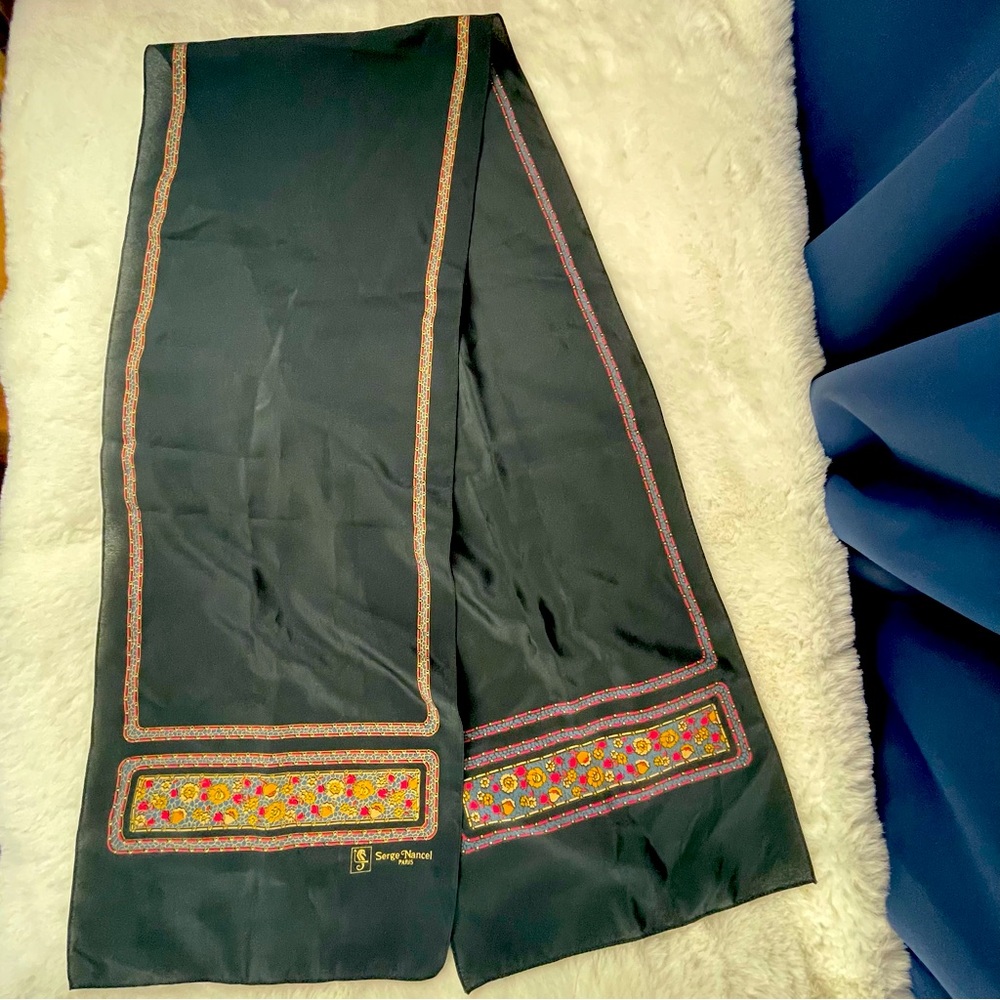 Serge Nancel Paris Scarf Black Floral Yellow Blue Pink Vintage L 54” x W 9 1/2 “